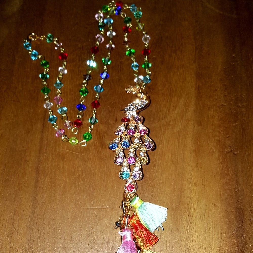 All crystal bead tassel peacock colorful necklace
